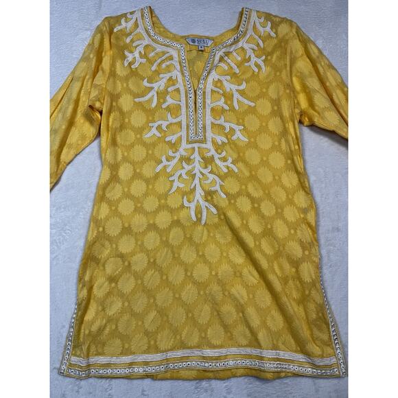 Sulu Collection Embroidered Tunic Top Yellow Beaded Mirror Trim Silk Blend Sz 6 - Picture 1 of 9